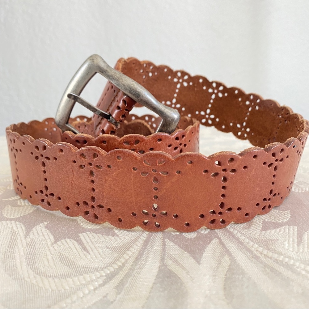 Fossil brown floral perforated leather belt